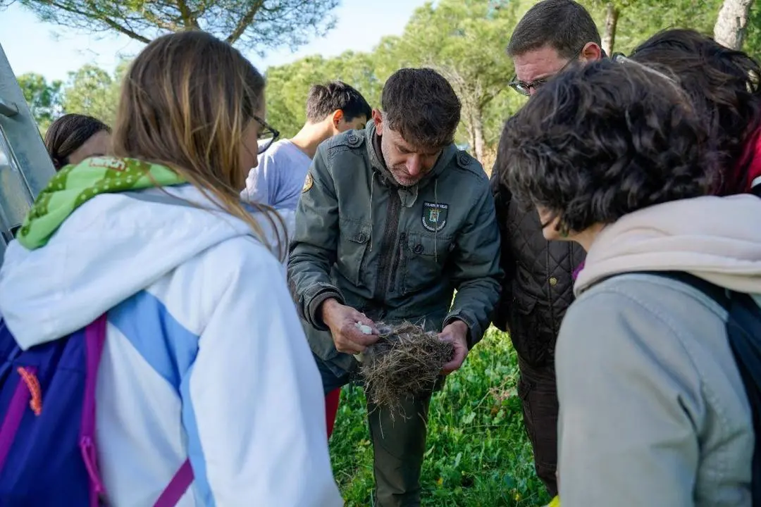 Alumnos de Colmenar ayudando con las cajas nido de la Dehesa