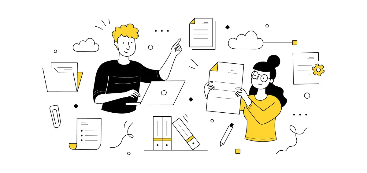 Electronic documents management, paperwork organization doodle concept. Office workers with laptop organizing files and papers. Business administration, data storage, Line art vector illustration