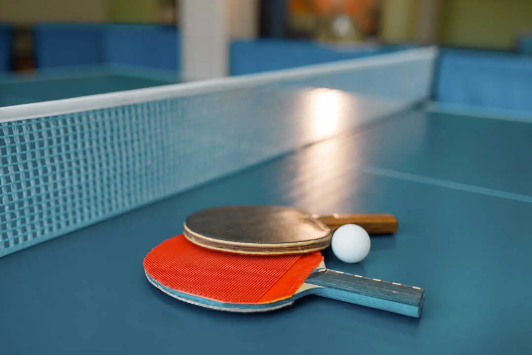 Two ping pong paddles on the table with net, nobody, closeup view. Table-tennis club, tennis concept