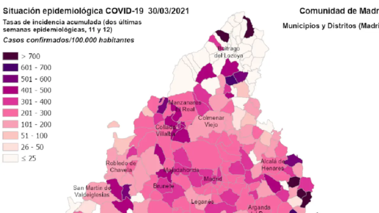Mapa de tasas de incidencia de contagios de covid19 del 30 de marzo 2021