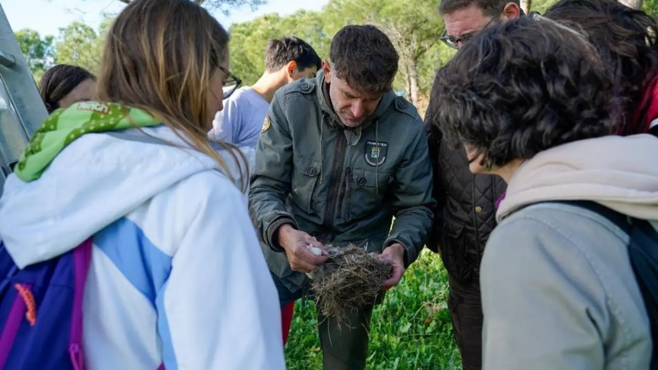 Alumnos de Colmenar ayudando con las cajas nido de la Dehesa