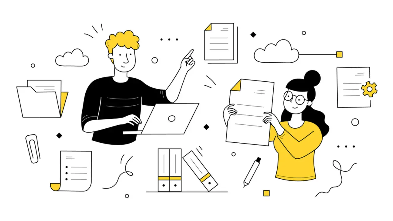 Electronic documents management, paperwork organization doodle concept. Office workers with laptop organizing files and papers. Business administration, data storage, Line art vector illustration