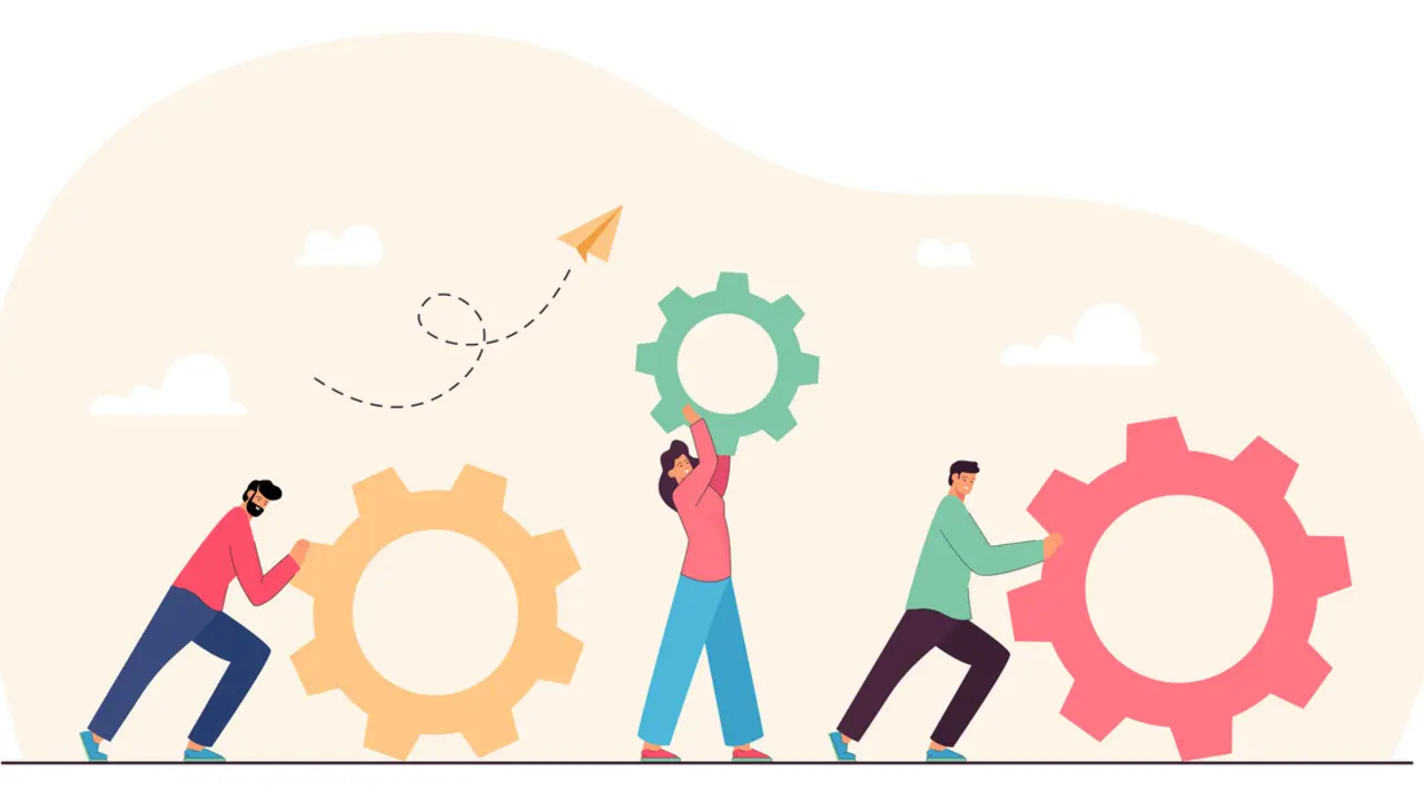 Teamwork of tiny people with gears and cogwheels. Team of partners working on upgrade, repair, improving skills and client service flat vector illustration. Business organization, cooperation concept