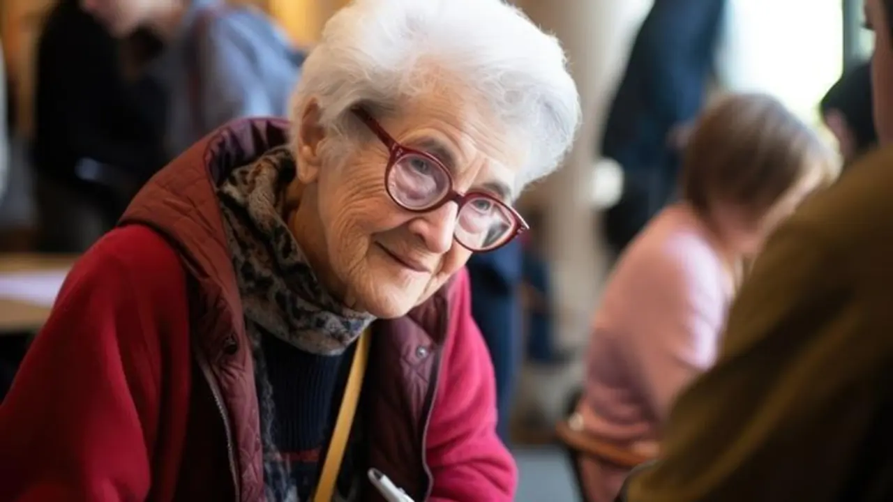 Editorial Photography | EMOTION: Inclusion | SCENE: A frontal shot capturing the warmth and camaraderie of an elderly student participating in a group study session with younger peers in a university common area during the late afternoon | TAGS: 32k, Sony A7III, 35mm lens, f/2.5 aperture, detailed expressions, shallow depth of field, inclusive shading photography, collaborative composition shot, warm color grading, natural lighting, vibrant atmosphere, 2023, lifestyle style, contemporary materials, diverse textures, eclectic color palette, university common area, laptops and textbooks, ISO 320 --style raw --stylize 50 --v 5.2 Job ID: a713f5f1-1911-487e-880d-2404a867b178