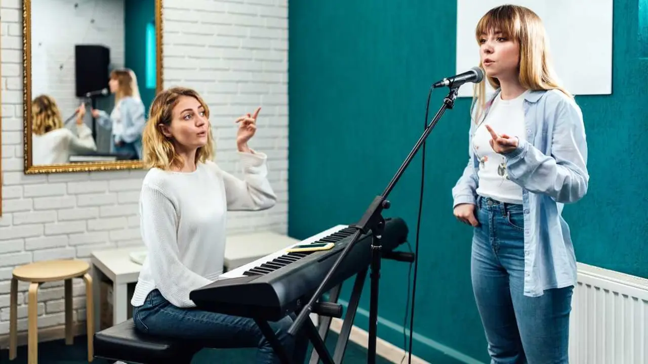 Una profesora con una alumna en una clase de canto