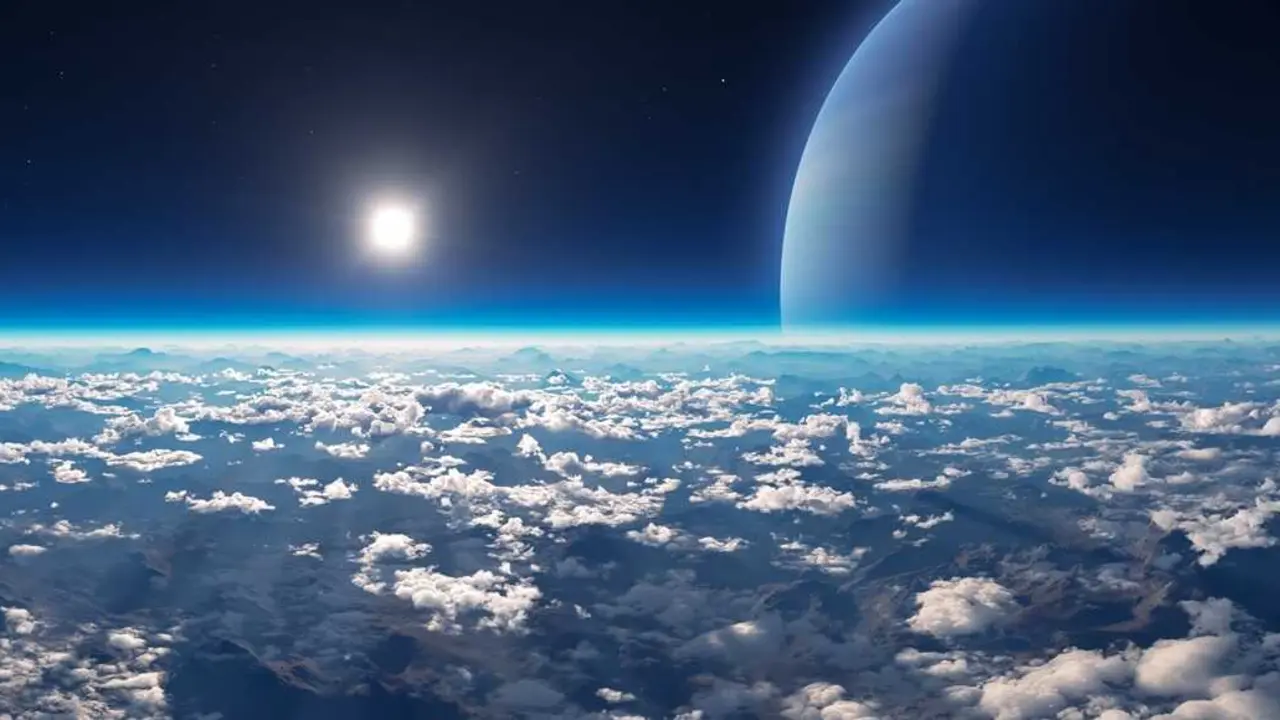 A breathtaking 3D rendering shows a distant planet rising over a cloud-filled horizon as sunlight illuminates the scene, creating a tranquil and expansive cosmic view.