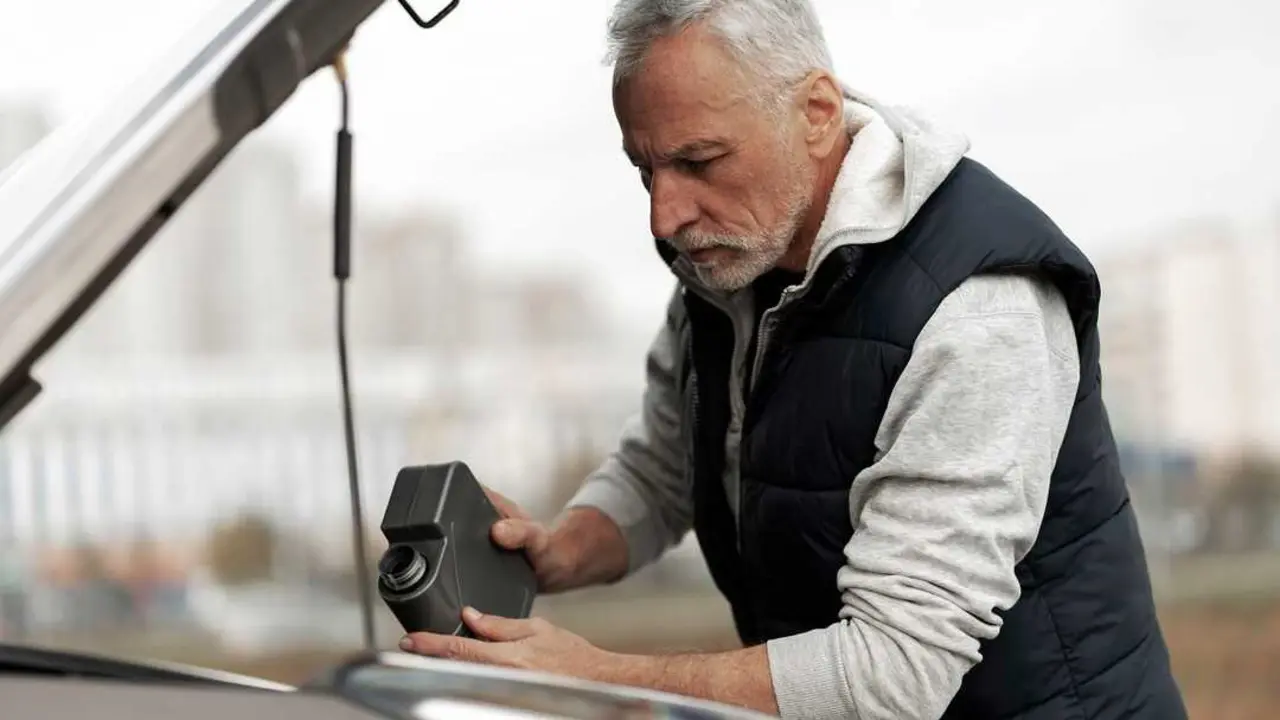 60-70 years old elderly man driver standing by his car with open hood, checking the oil level, pouring and refueling lubricant oil of high quality into the engine motor. Auto service. Car maintenance