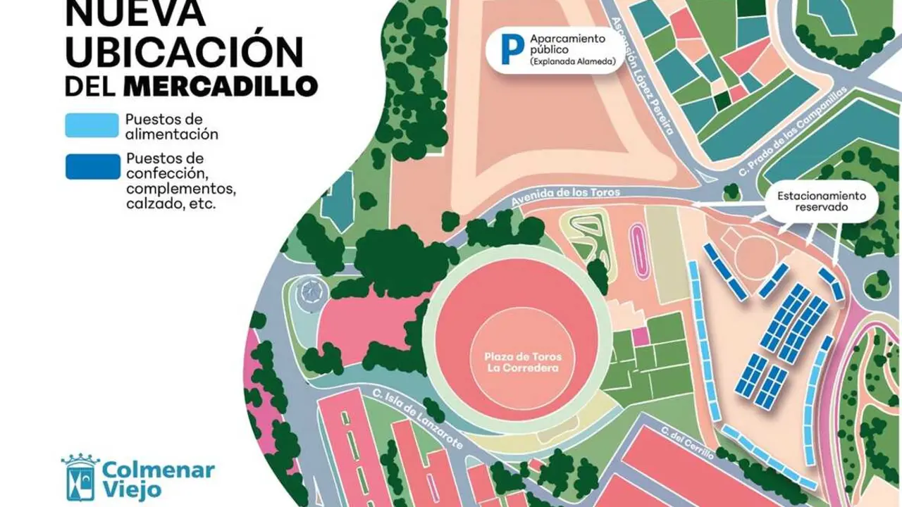 Plano de mercadillo de los s&aacute;bados de Colmenar Viejo en la explanada del Cerrillo