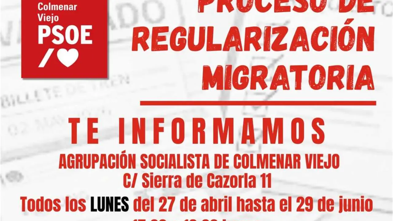 Cartel oficina informaci&oacute;n regularizaci&oacute;n migratoria psoe Colmenar Viejo