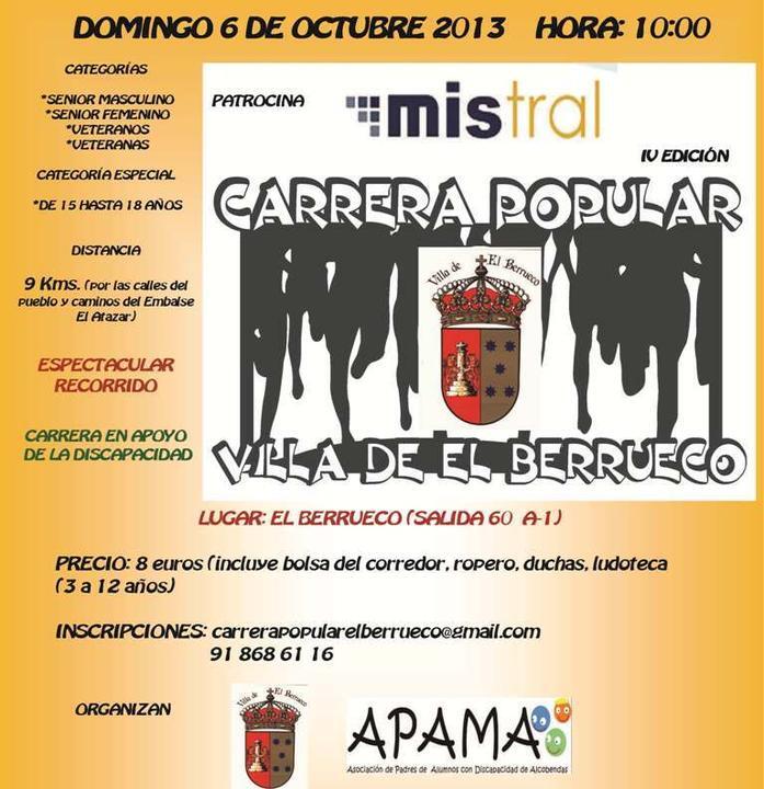 Cartel de la Carrera popular a beneficio de Apama en El Berrueco