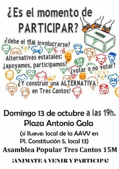Cartel de la convocatoria realizada por el 15M de Tres Cantos para el 13 de octubre